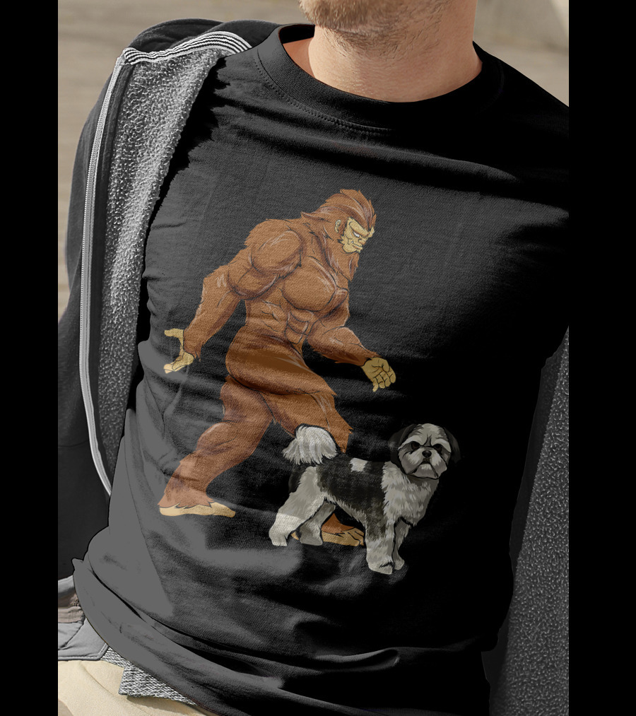 Funny Bigfoot Walking Shih Tzu Sasquatch Dog Comic T-Shirt