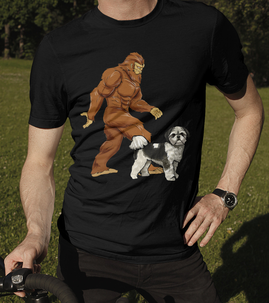 Funny Bigfoot Walking Shih Tzu Sasquatch Dog Comic T-Shirt
