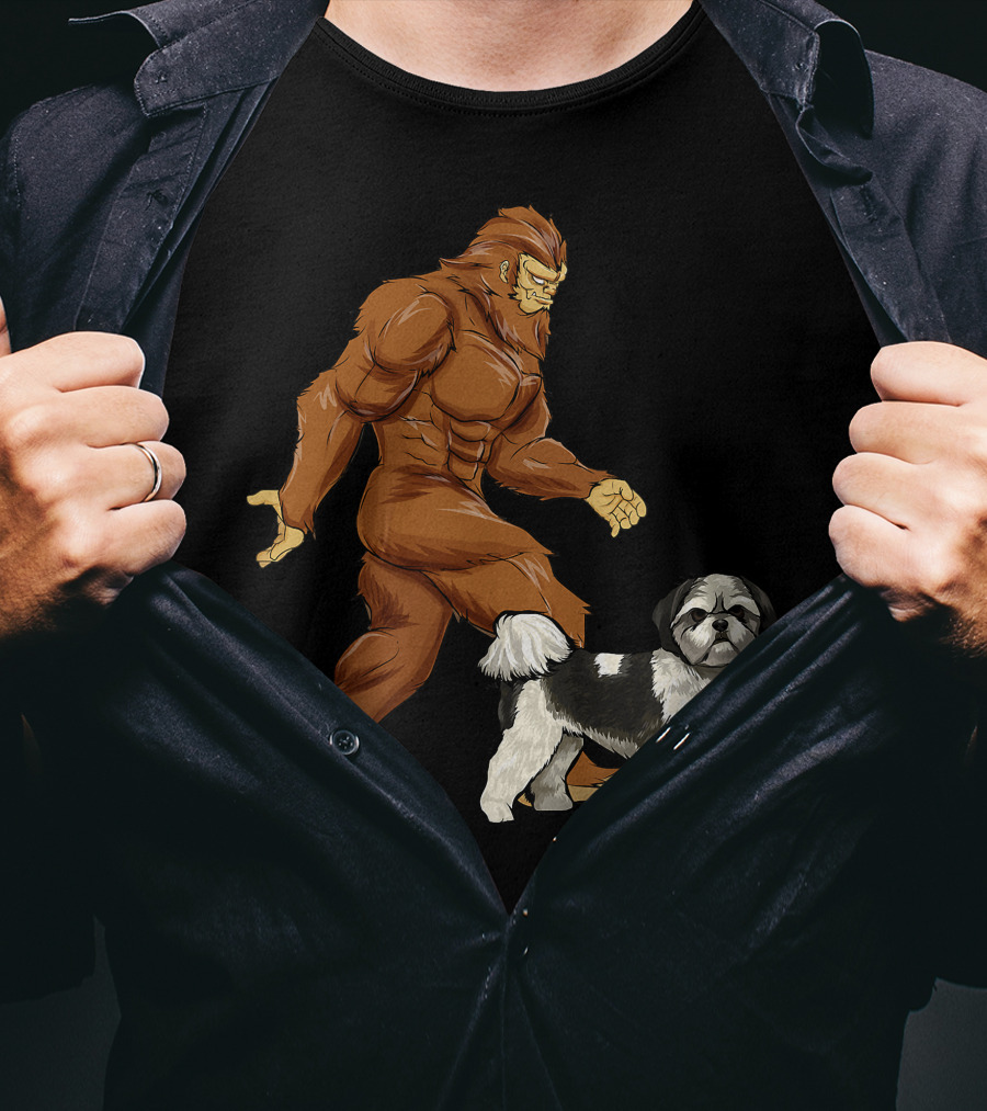 Funny Bigfoot Walking Shih Tzu Sasquatch Dog Comic T-Shirt