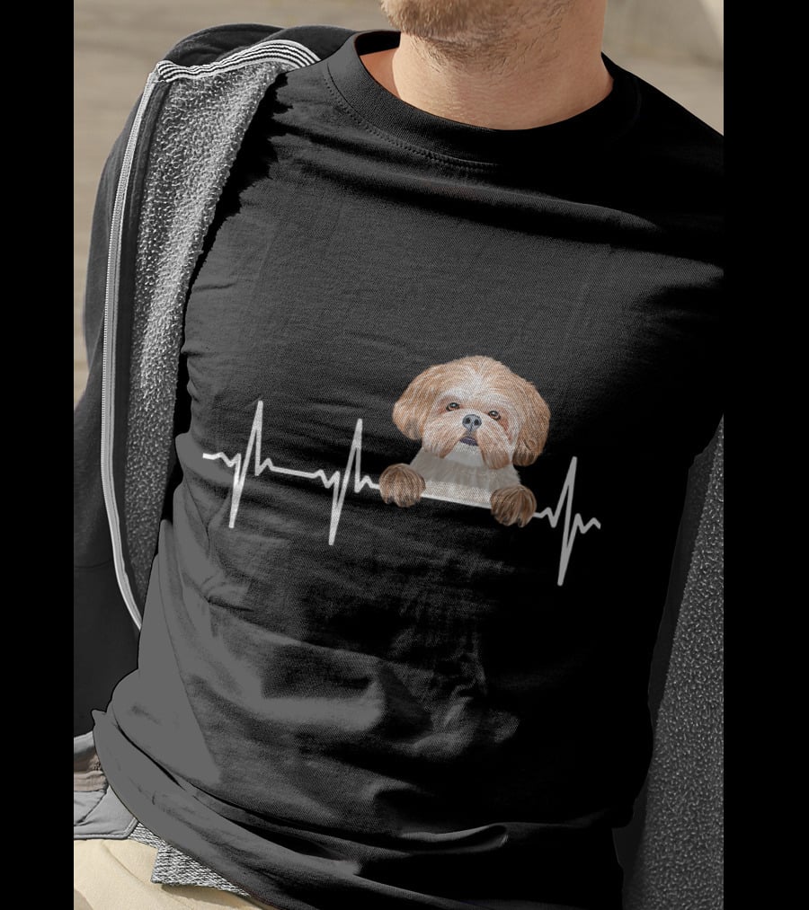 Heartbeat Line With Cute Shih Tzu Illustration For Funny Dog Lovers T-Shirt