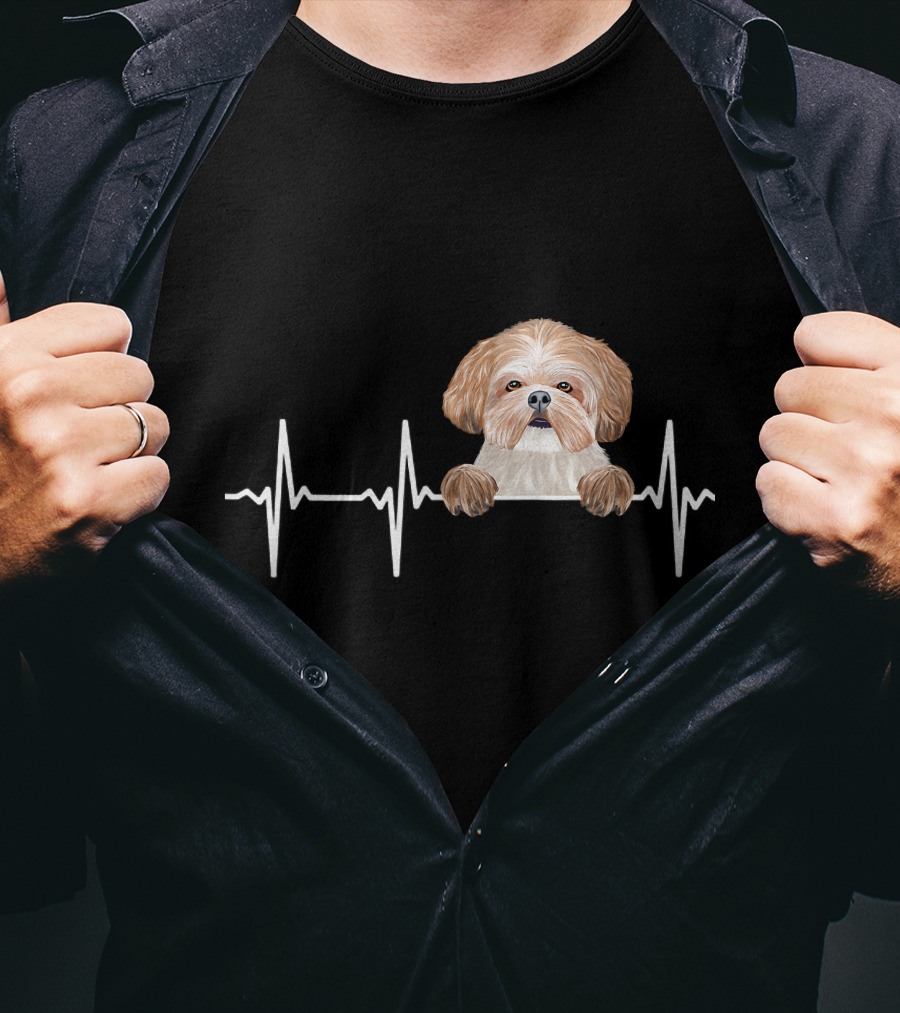 Heartbeat Line With Cute Shih Tzu Illustration For Funny Dog Lovers T-Shirt