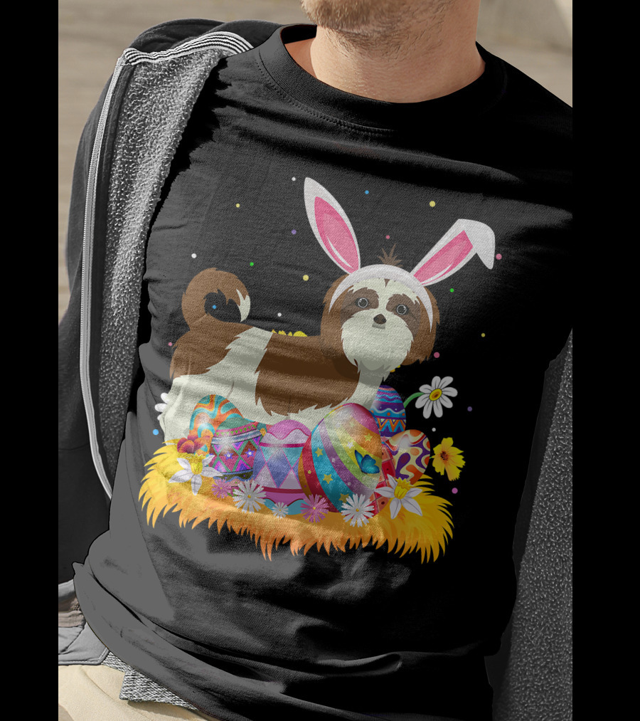 Shih Tzu Bunny Ears With Colorful Easter Eggs And Flowers For Easter Sunday T-Shirt