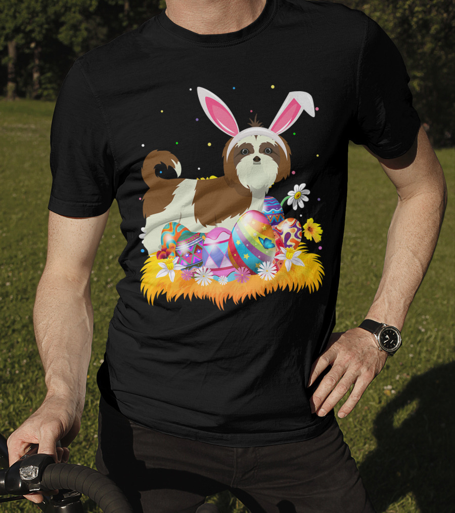 Shih Tzu Bunny Ears With Colorful Easter Eggs And Flowers For Easter Sunday T-Shirt