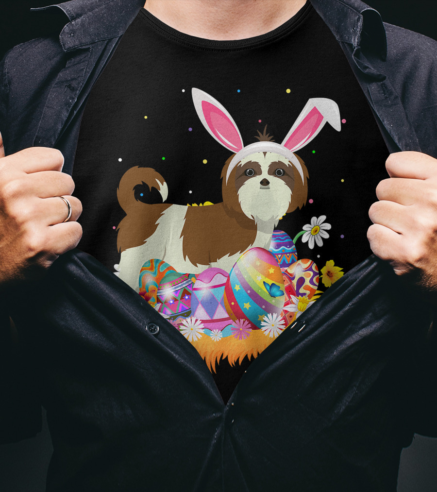 Shih Tzu Bunny Ears With Colorful Easter Eggs And Flowers For Easter Sunday T-Shirt