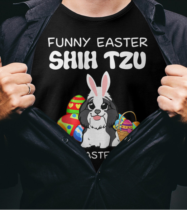 Funny Easter Shih Tzu With Easter Eggs Basket And Bunny Ears T-Shirt