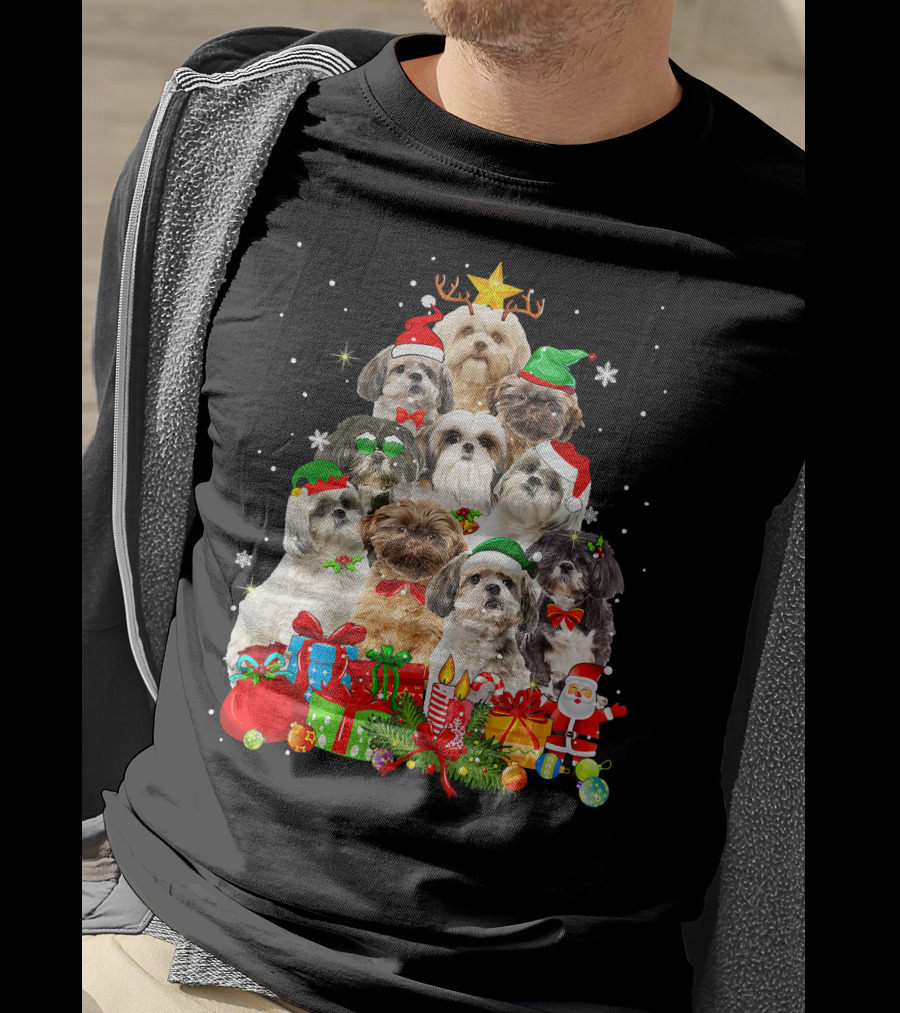 Shih Tzu Christmas Tree With Holiday Lights And Puppy Dogs T-Shirt