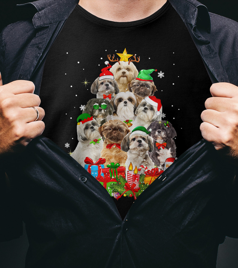 Shih Tzu Christmas Tree With Holiday Lights And Puppy Dogs T-Shirt