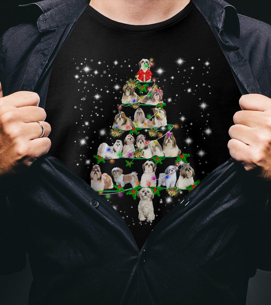 Shih Tzu Christmas Tree Ornament Decor With Dogs In Festive Holiday T-Shirt