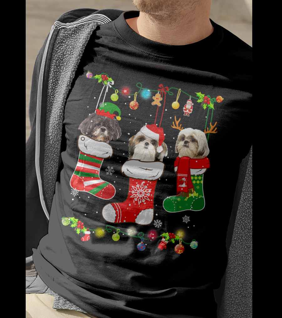 Shih Tzu Dogs In Christmas Stockings With Santa Hats And Christmas Lights T-Shirt
