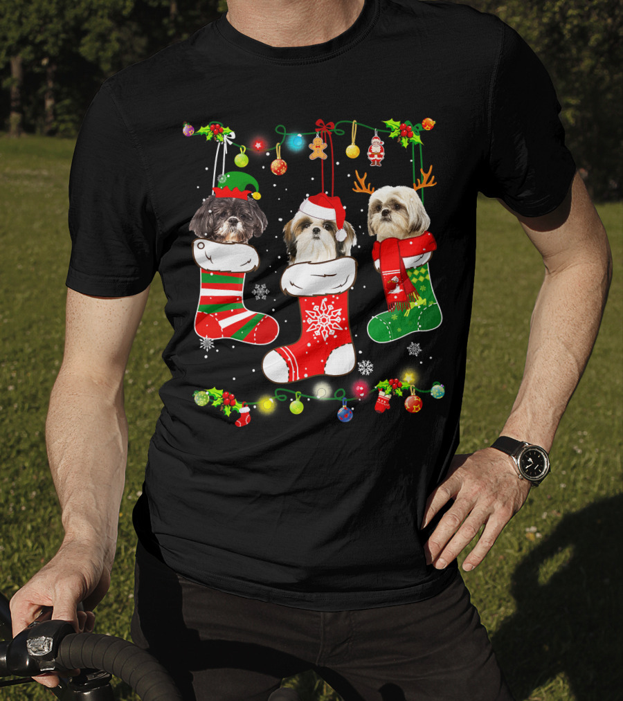Shih Tzu Dogs In Christmas Stockings With Santa Hats And Christmas Lights T-Shirt