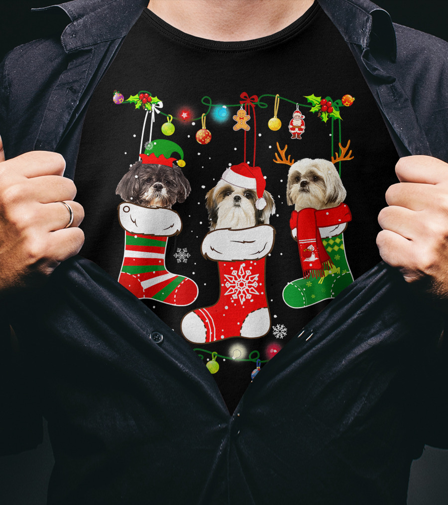 Shih Tzu Dogs In Christmas Stockings With Santa Hats And Christmas Lights T-Shirt