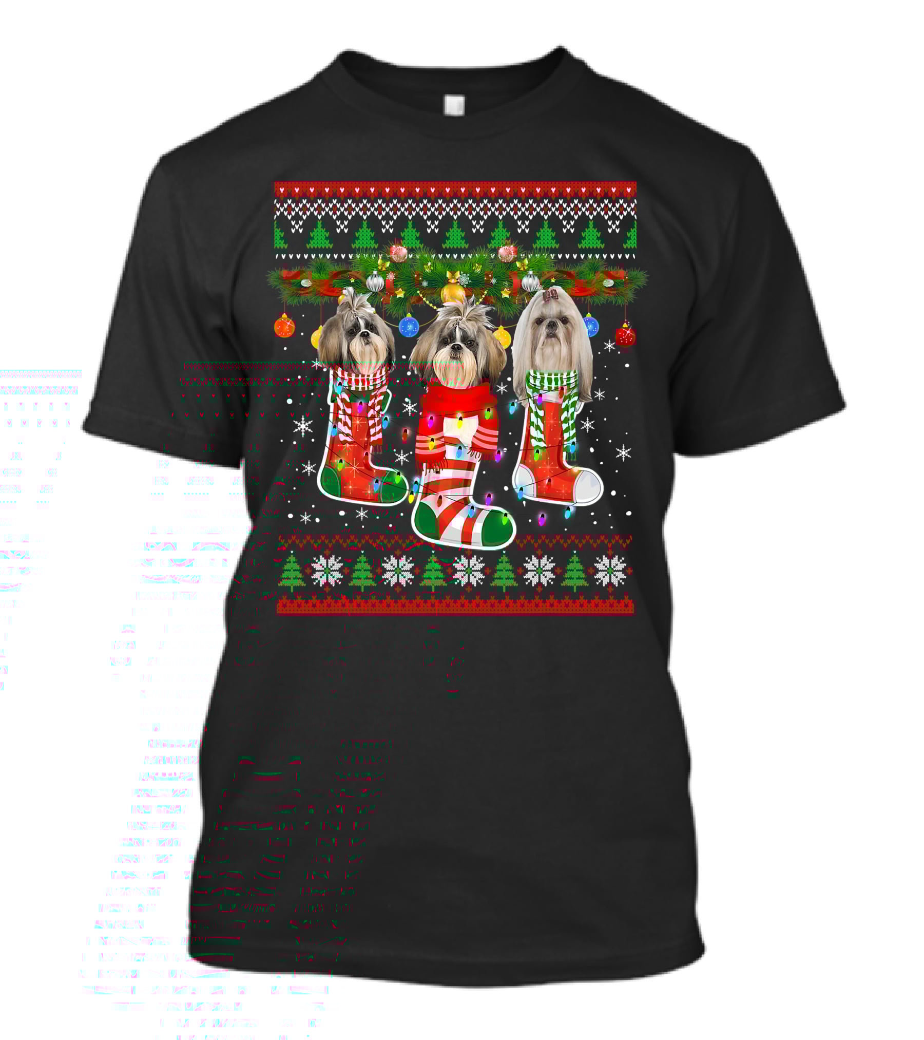 Shih Tzu Dogs Christmas Holiday Socks With Lights And Ornaments T-Shirt