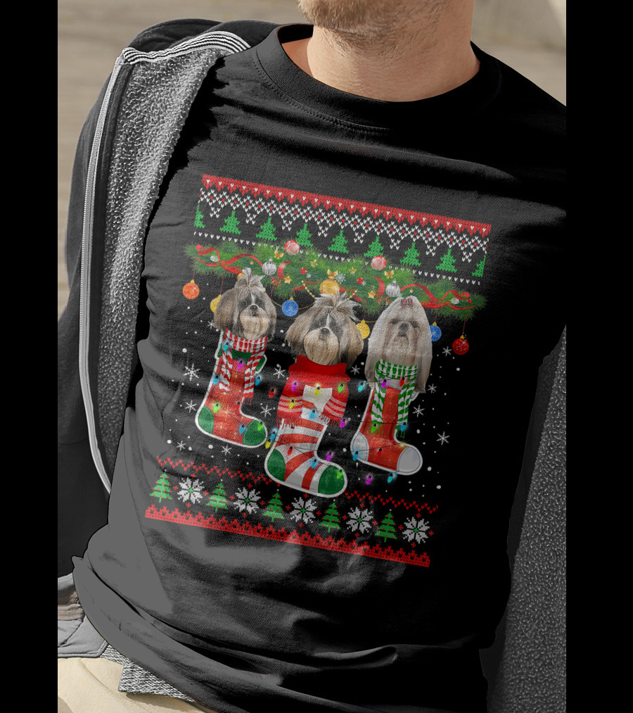 Shih Tzu Dogs Christmas Holiday Socks With Lights And Ornaments T-Shirt