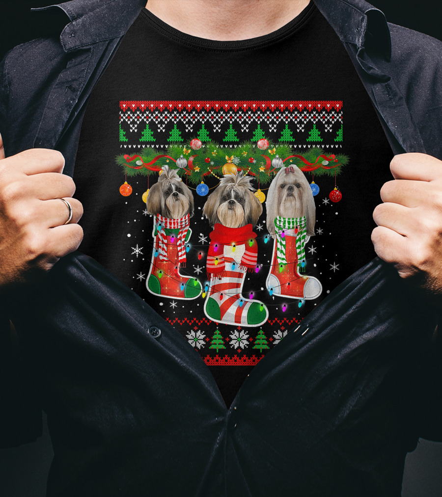 Shih Tzu Dogs Christmas Holiday Socks With Lights And Ornaments T-Shirt