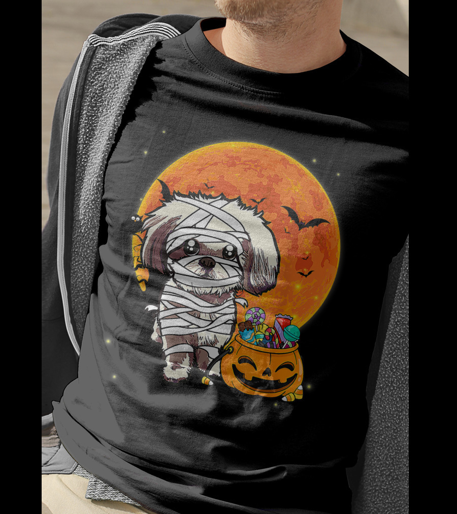 Shih Tzu Mummy Halloween Costume With Pumpkin Candy Bucket And Full Moon T-Shirt