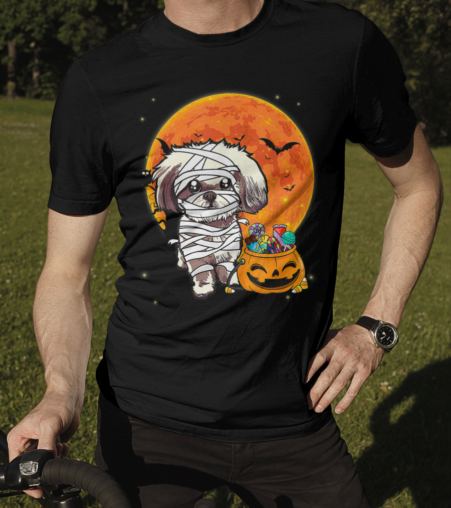 Shih Tzu Mummy Halloween Costume With Pumpkin Candy Bucket And Full Moon T-Shirt