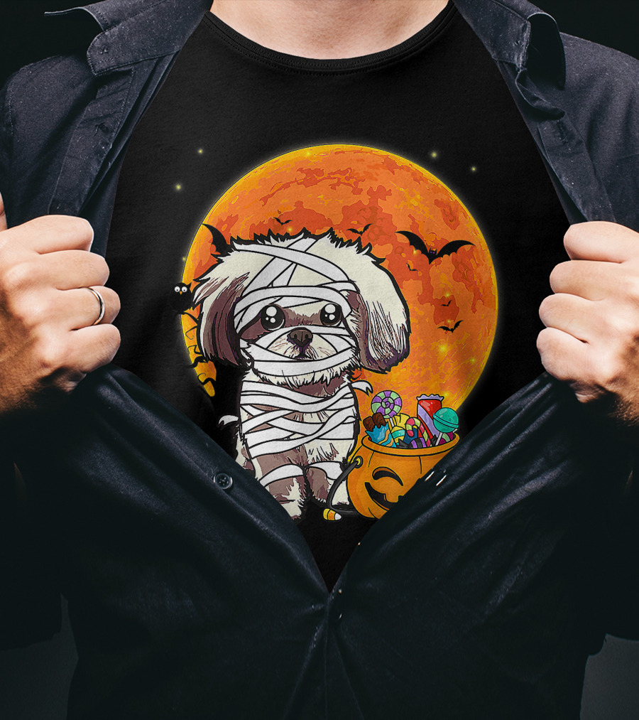 Shih Tzu Mummy Halloween Costume With Pumpkin Candy Bucket And Full Moon T-Shirt