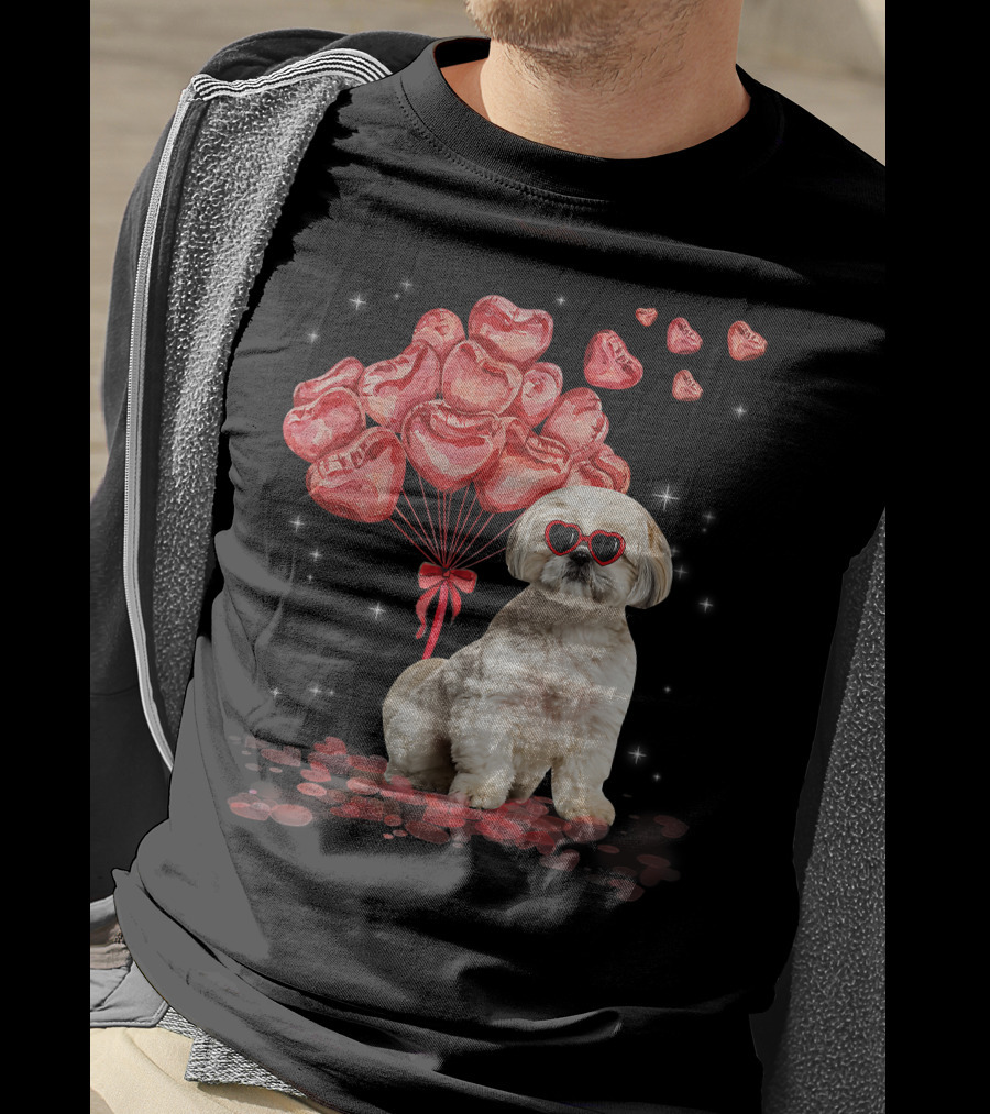 Shih Tzu Heart Balloons Funny Valentines Day Dog Dad Mom T-Shirt