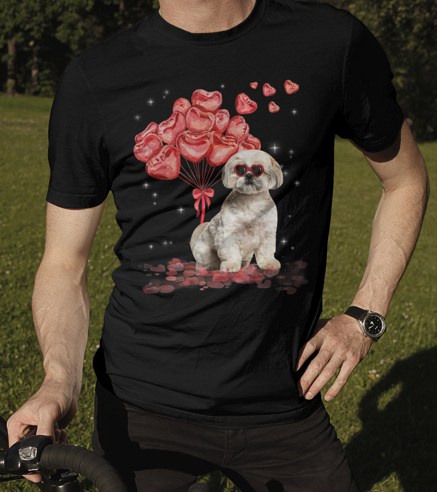 Shih Tzu Heart Balloons Funny Valentines Day Dog Dad Mom T-Shirt