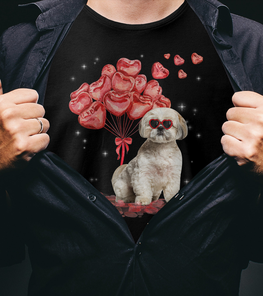 Shih Tzu Heart Balloons Funny Valentines Day Dog Dad Mom T-Shirt