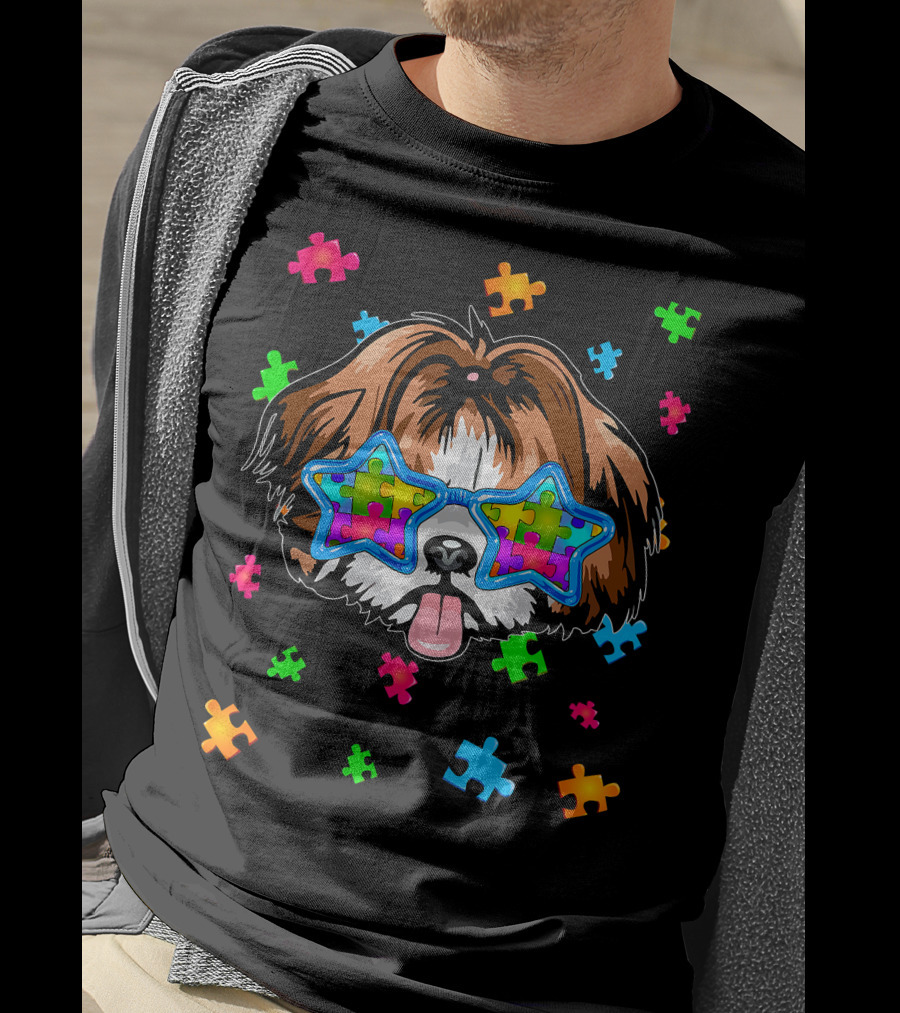 Funny Shih Tzu Star Glasses Puzzle Autism Awareness T-Shirt