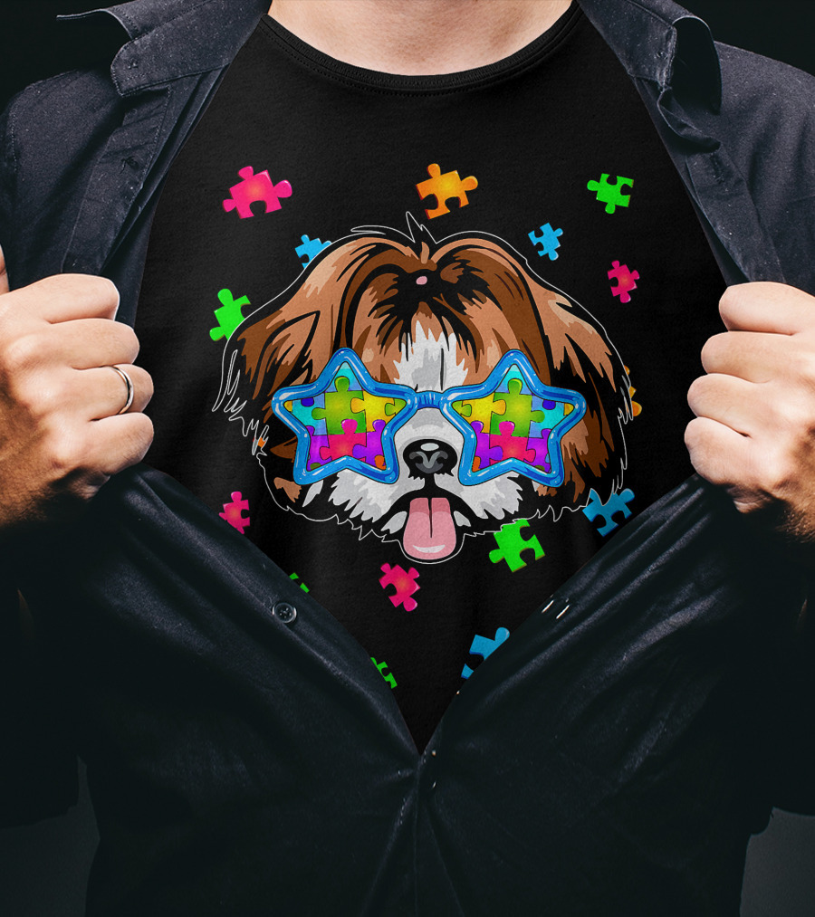 Funny Shih Tzu Star Glasses Puzzle Autism Awareness T-Shirt