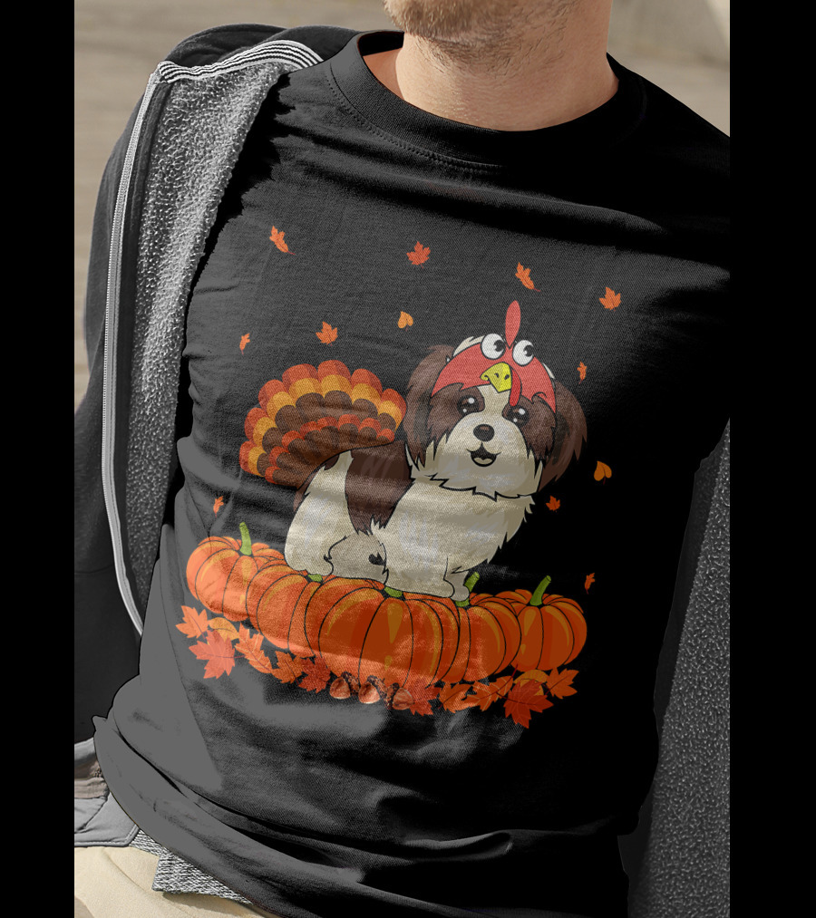 Shih Tzu Dressed As Turkey With Pumpkins And Autumn Leaves Thanksgiving Fun T-Shirt