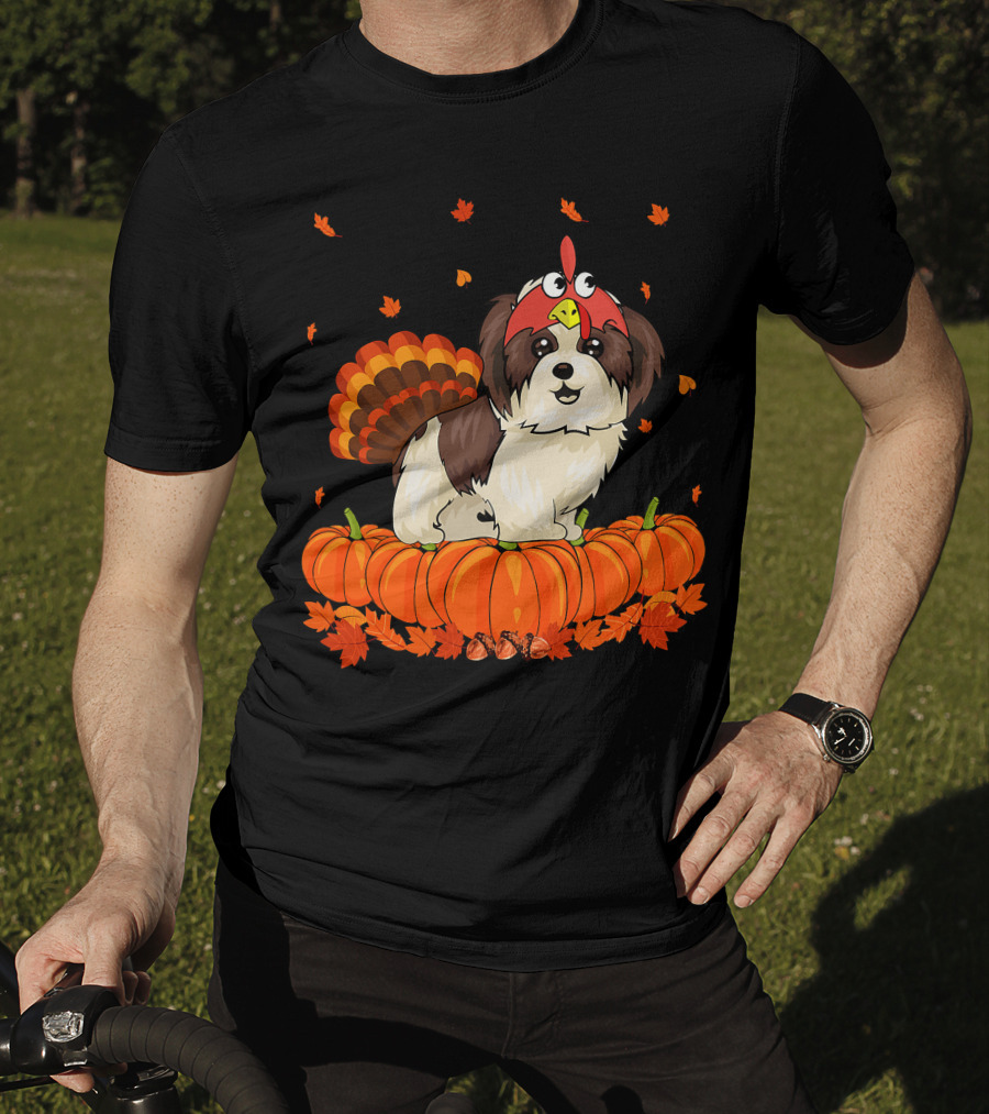 Shih Tzu Dressed As Turkey With Pumpkins And Autumn Leaves Thanksgiving Fun T-Shirt