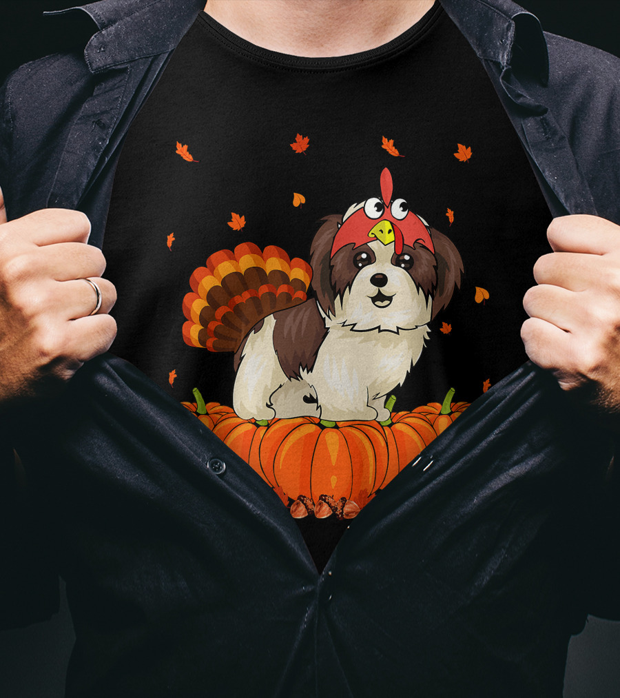 Shih Tzu Dressed As Turkey With Pumpkins And Autumn Leaves Thanksgiving Fun T-Shirt