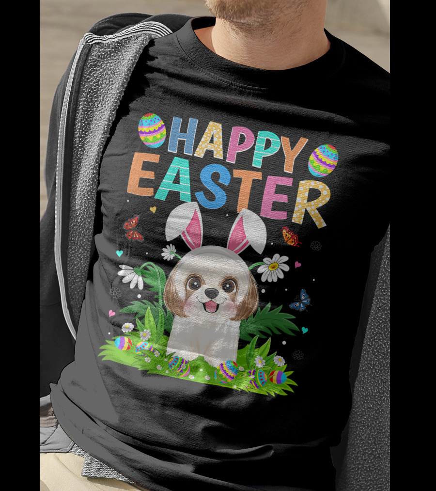 Happy Easter Bunny Shih Tzu Dog With Easter Eggs And Butterflies T-Shirt