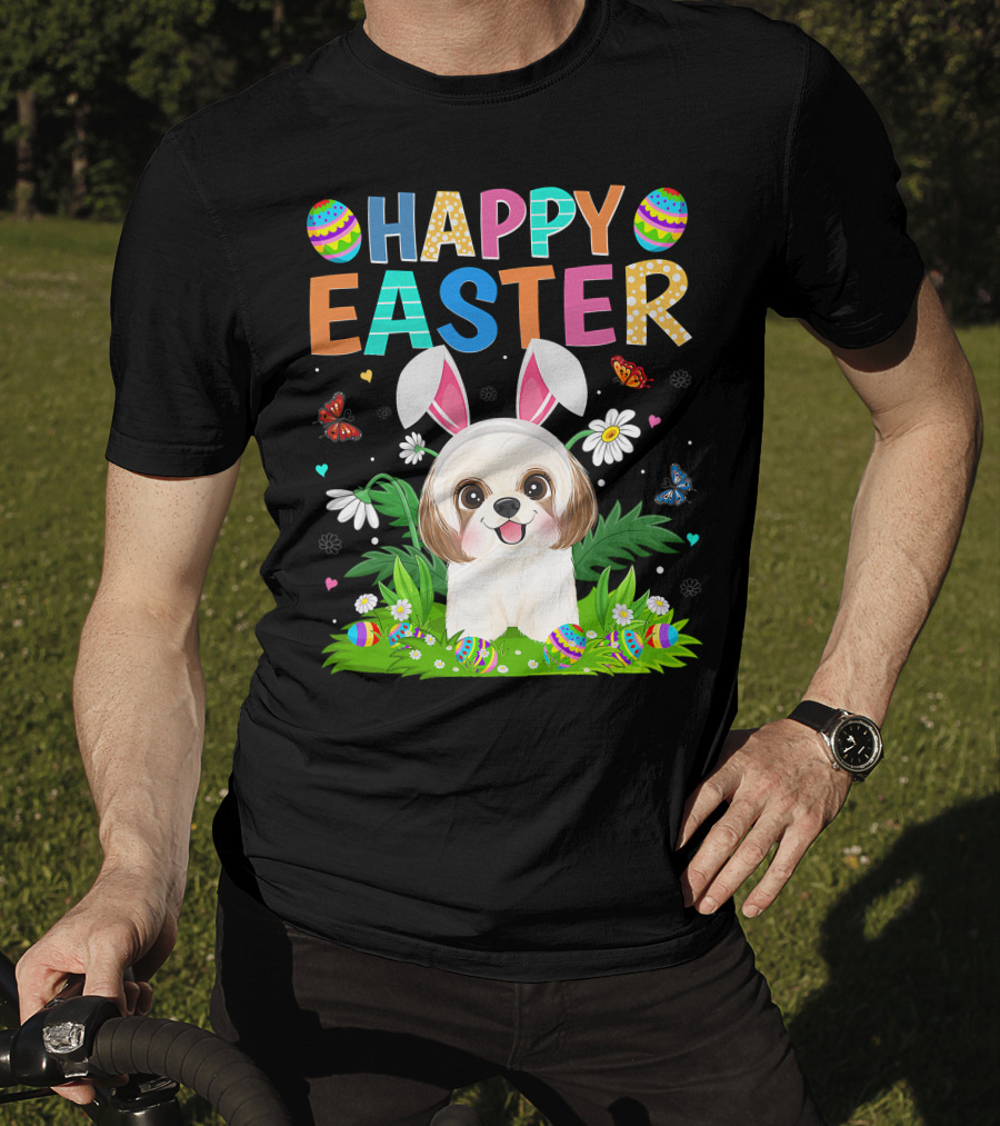 Happy Easter Bunny Shih Tzu Dog With Easter Eggs And Butterflies T-Shirt