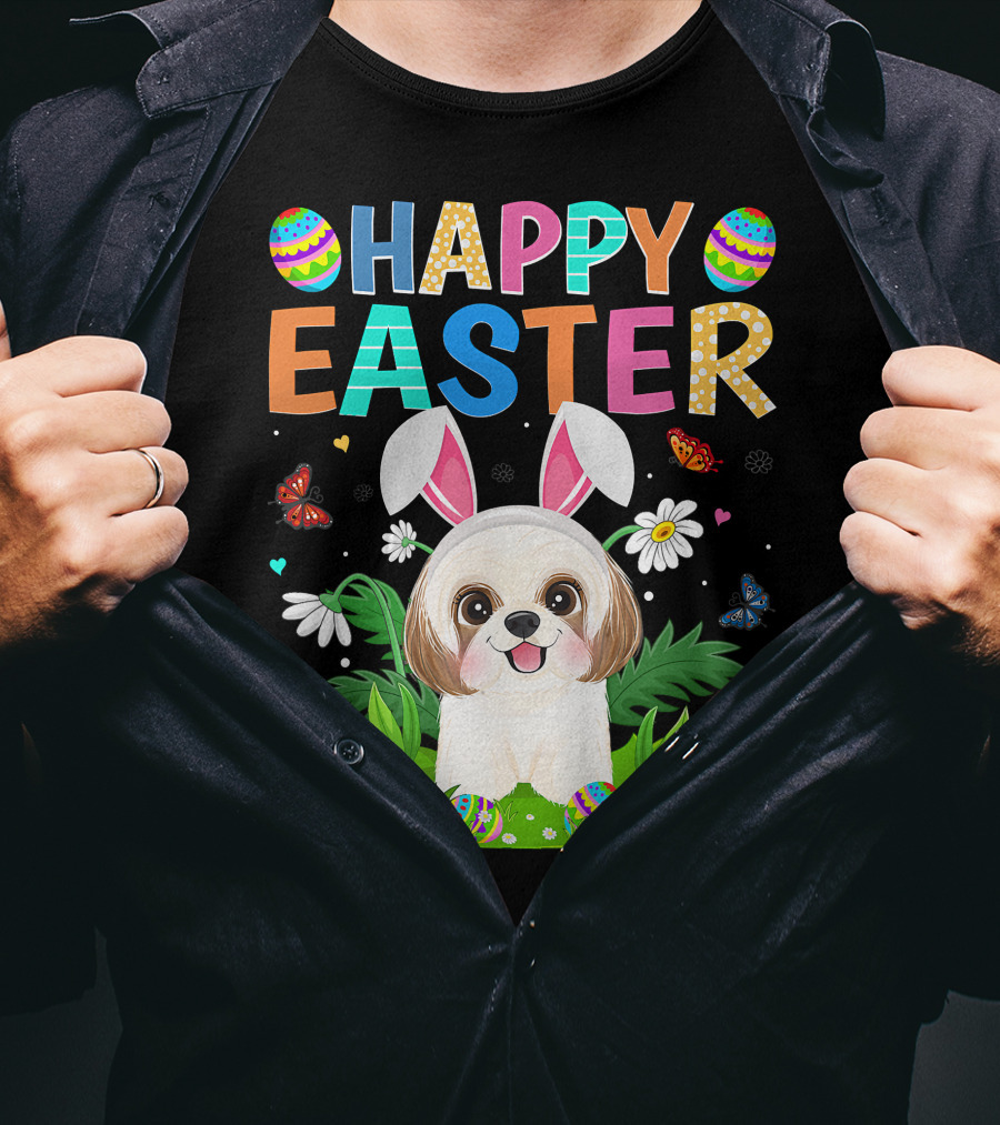 Happy Easter Bunny Shih Tzu Dog With Easter Eggs And Butterflies T-Shirt
