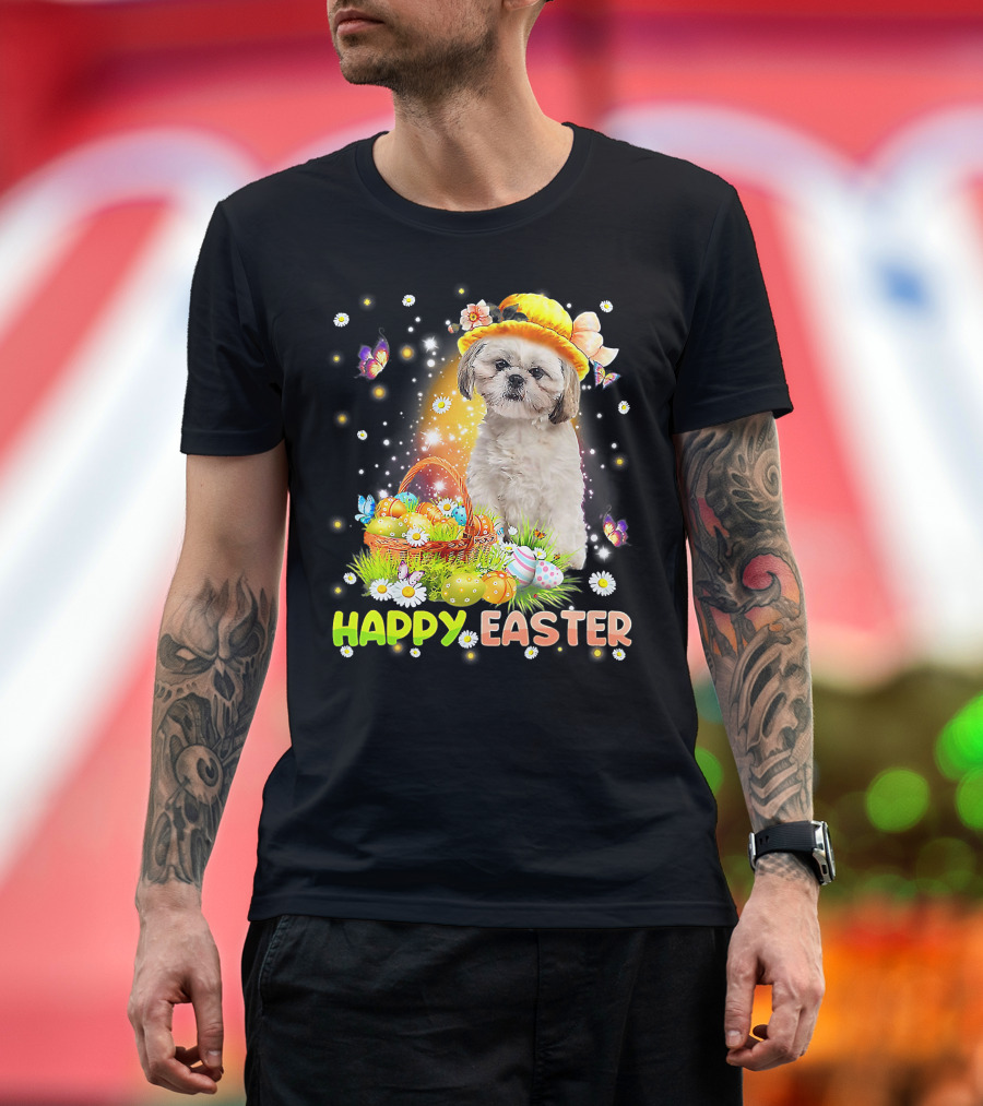 Happy Easter Cute Bunny Dog Shih Tzu with Eggs Basket and Butterflies T-Shirt
