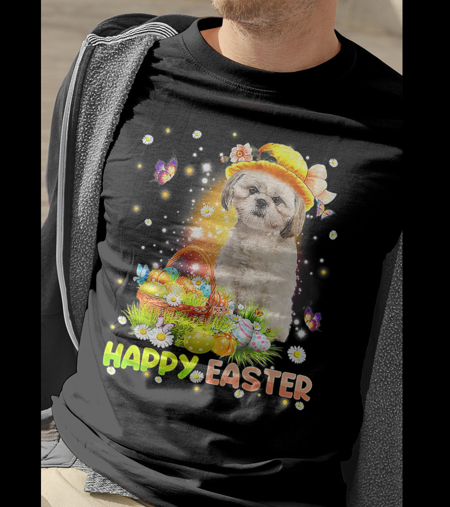 Happy Easter Cute Bunny Dog Shih Tzu With Eggs Basket And Butterflies T-Shirt