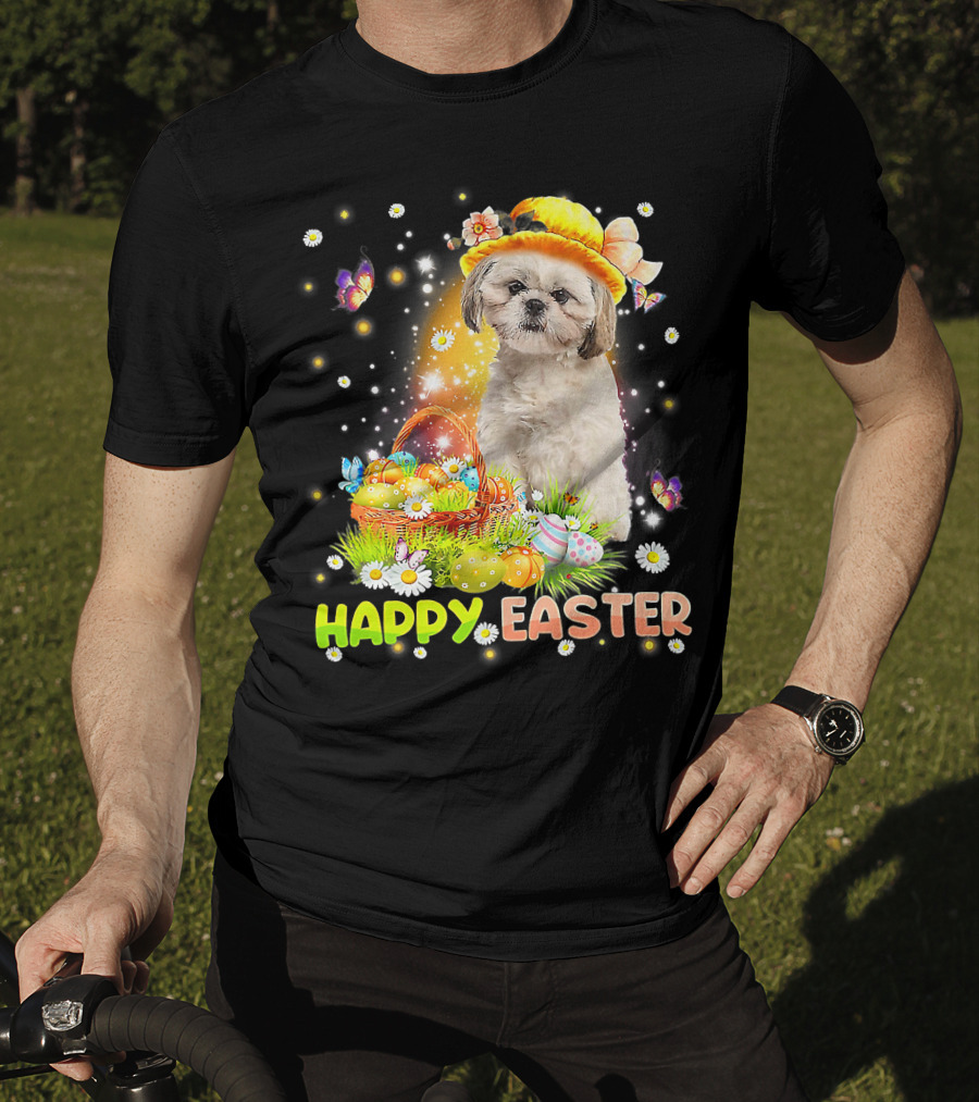 Happy Easter Cute Bunny Dog Shih Tzu With Eggs Basket And Butterflies T-Shirt