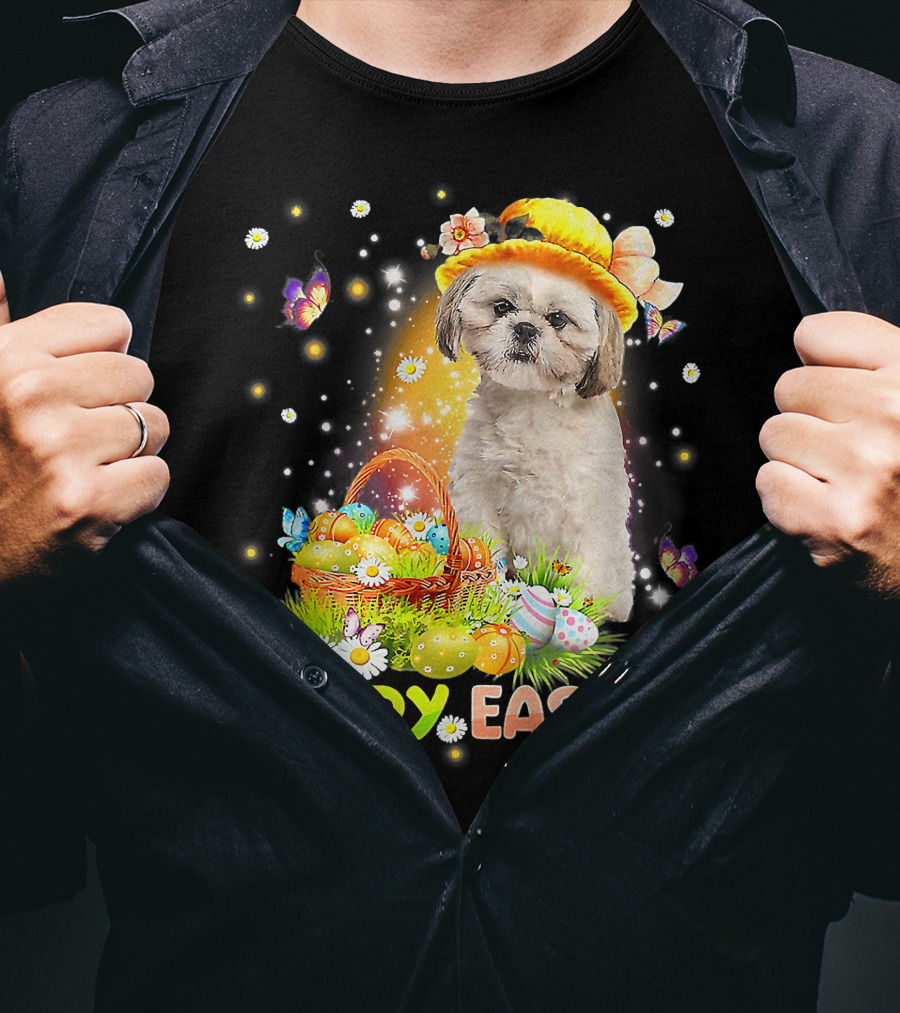 Happy Easter Cute Bunny Dog Shih Tzu With Eggs Basket And Butterflies T-Shirt