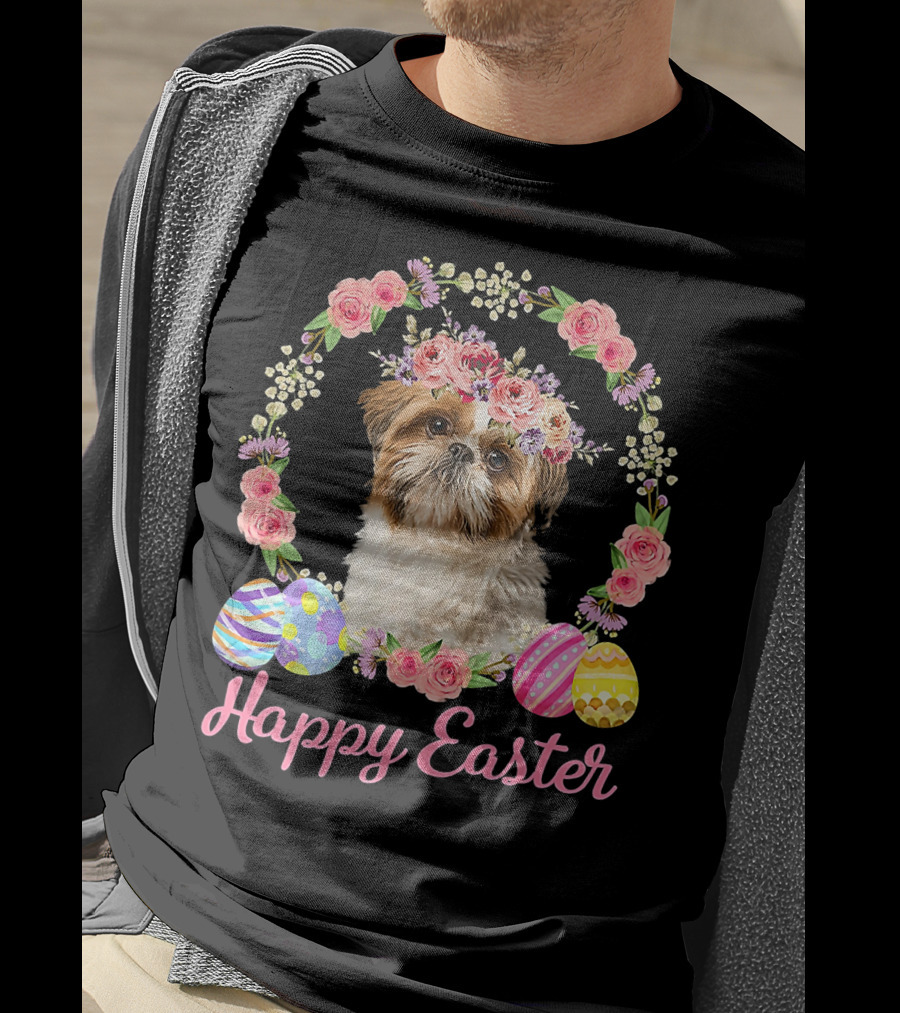 Happy Easter Shih Tzu Dog Flower Wreath With Decorative Eggs T-Shirt