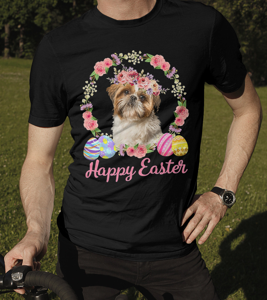 Happy Easter Shih Tzu Dog Flower Wreath With Decorative Eggs T-Shirt