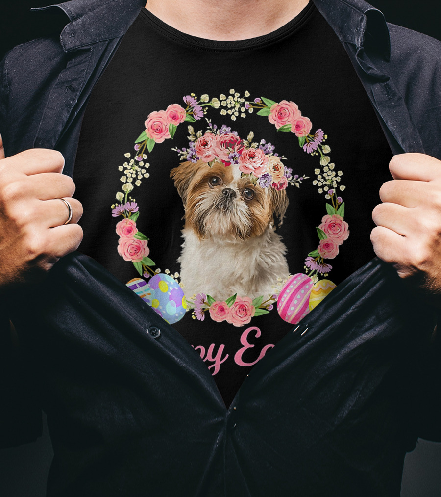 Happy Easter Shih Tzu Dog Flower Wreath With Decorative Eggs T-Shirt