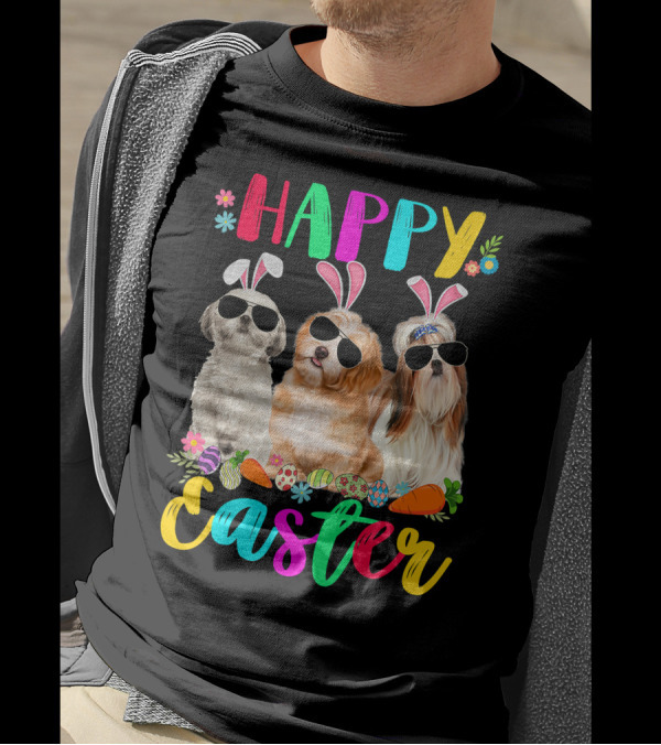Happy Easter Three Shih Tzu Dogs With Bunny Ears And Sunglasses Eggs Carrots T-Shirt