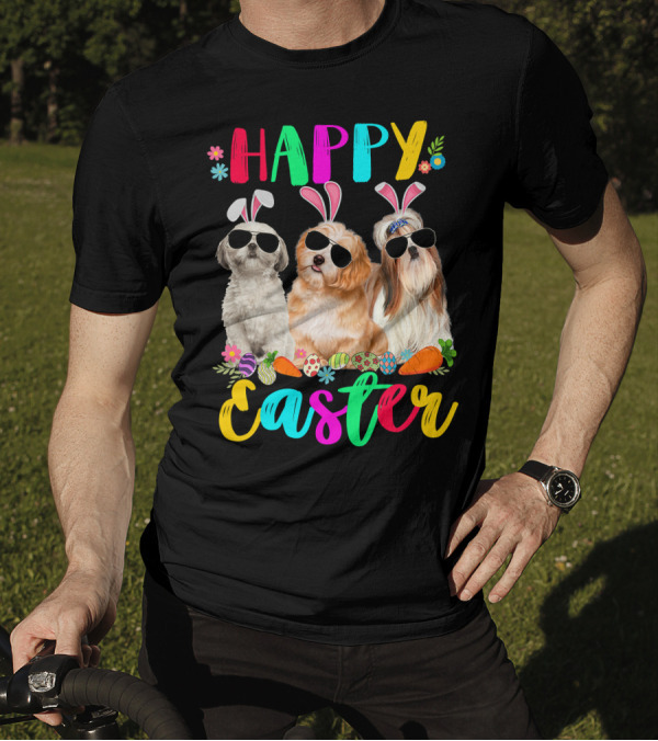 Happy Easter Three Shih Tzu Dogs With Bunny Ears And Sunglasses Eggs Carrots T-Shirt