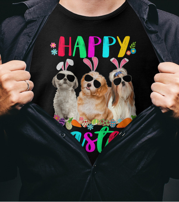 Happy Easter Three Shih Tzu Dogs With Bunny Ears And Sunglasses Eggs Carrots T-Shirt