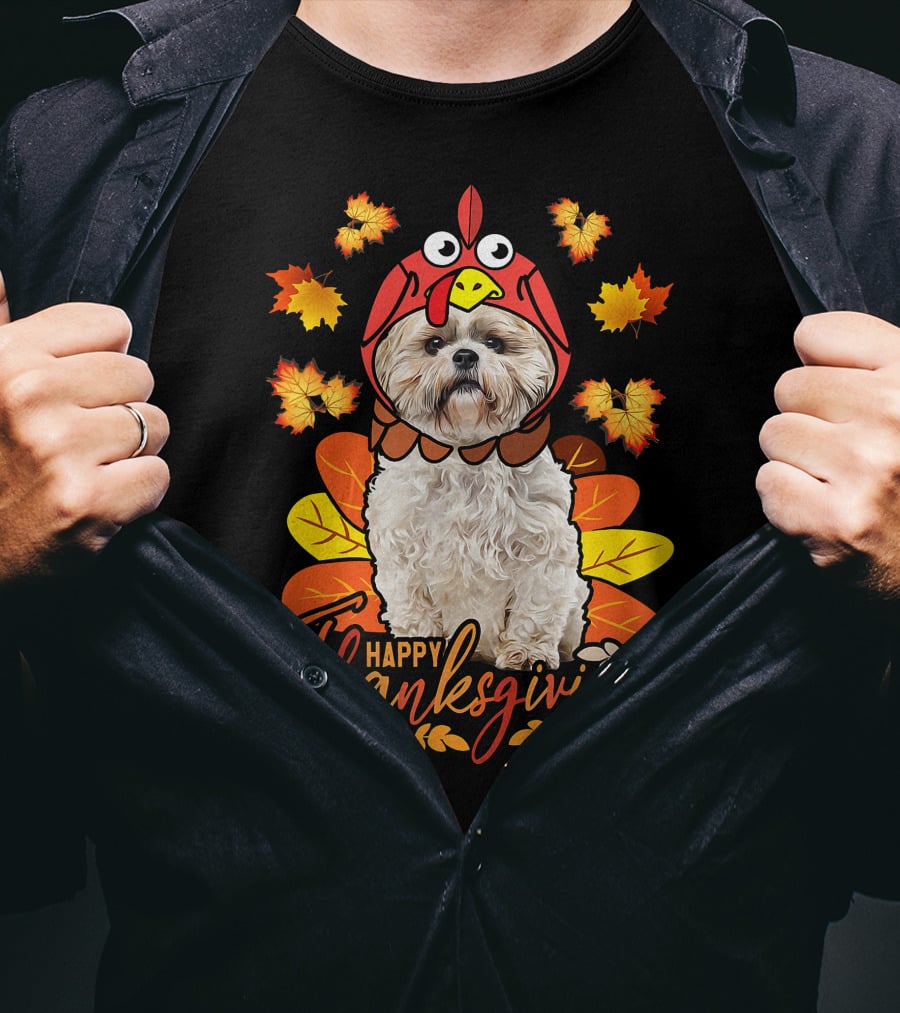 Happy Thanksgiving Shih Tzu Dog In Turkey Costume With Autumn Leaves T-Shirt