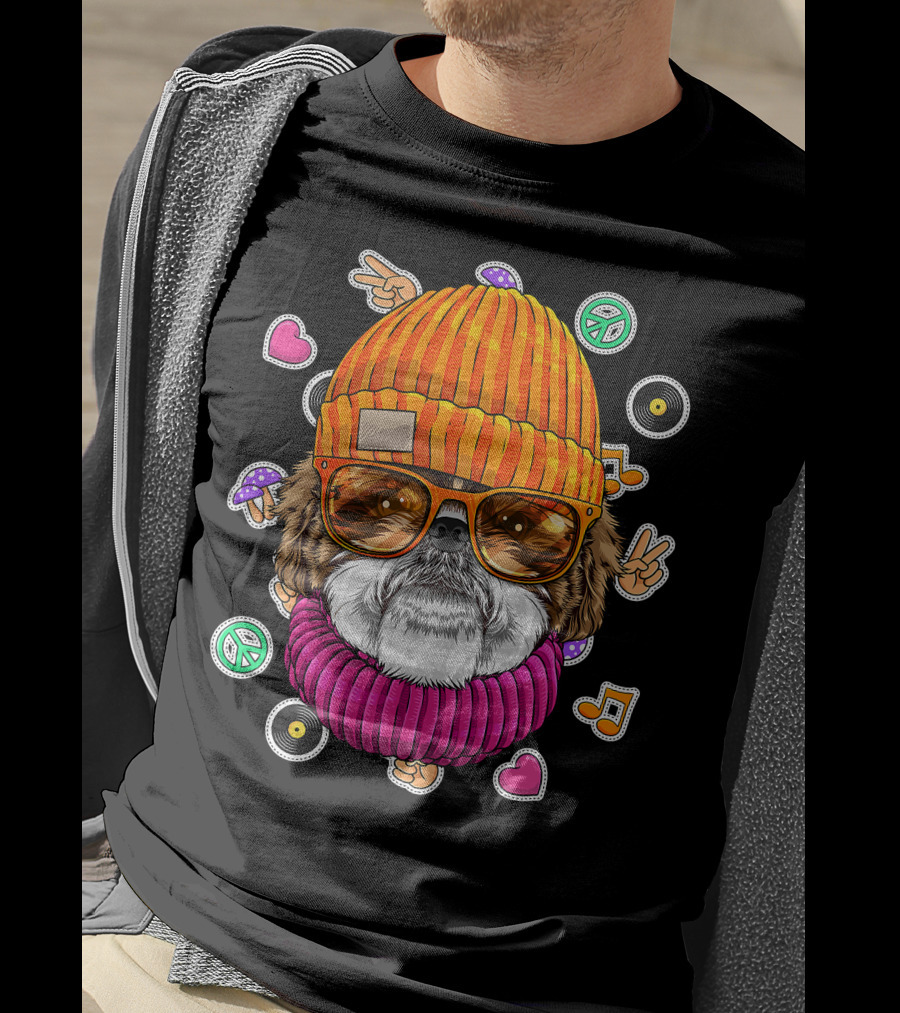 Hipster Shih Tzu With Glasses And Beanie Surrounded By Love Peace And Music Icons T-Shirt