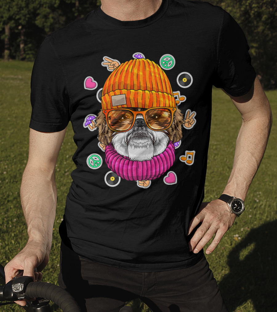 Hipster Shih Tzu With Glasses And Beanie Surrounded By Love Peace And Music Icons T-Shirt
