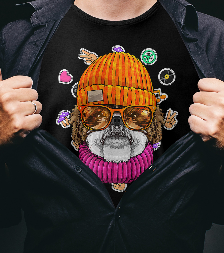 Hipster Shih Tzu With Glasses And Beanie Surrounded By Love Peace And Music Icons T-Shirt