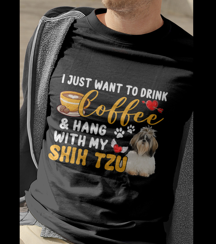 Coffee Lover Shih Tzu With Hearts And Wings T-Shirt