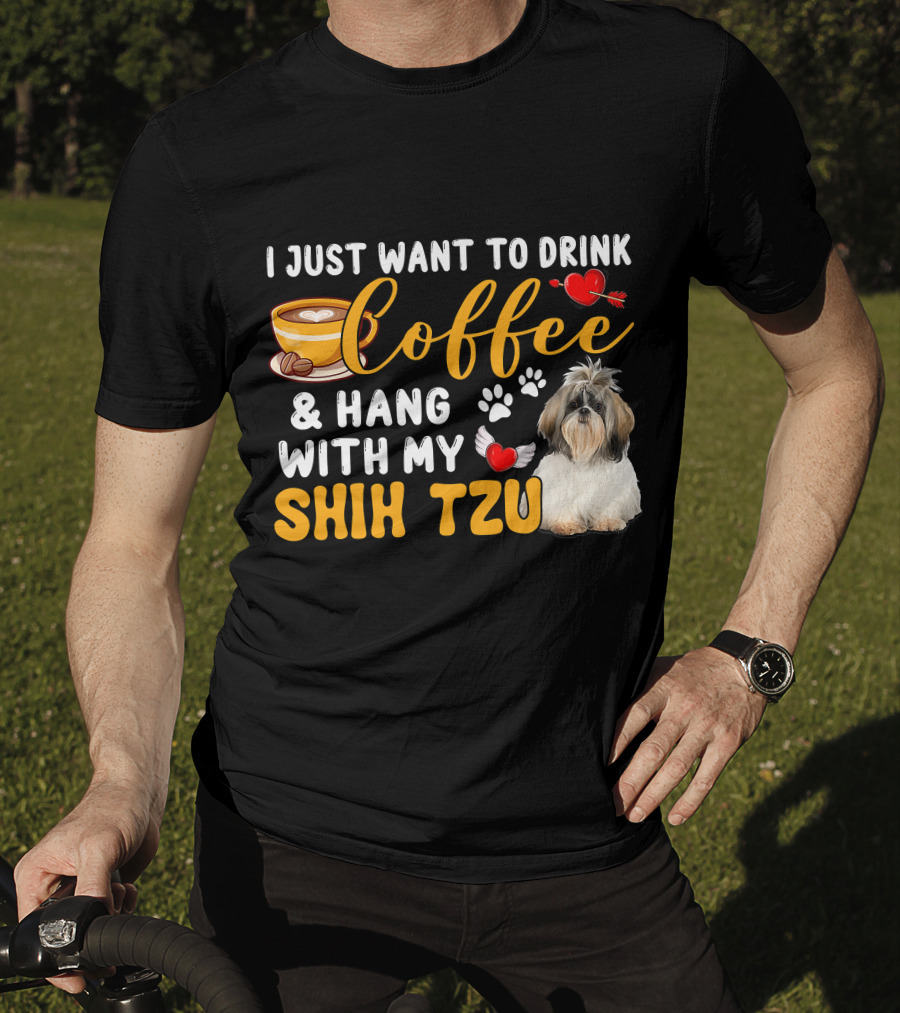 Coffee Lover Shih Tzu With Hearts And Wings T-Shirt