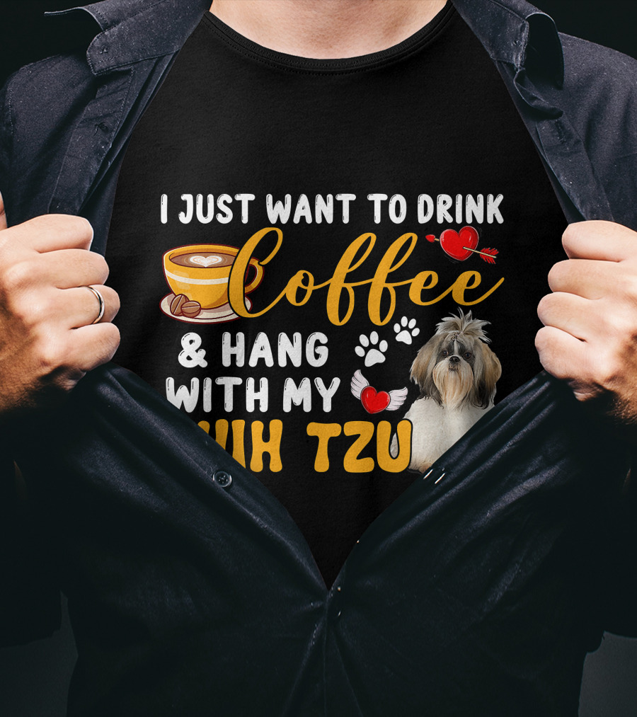 Coffee Lover Shih Tzu With Hearts And Wings T-Shirt