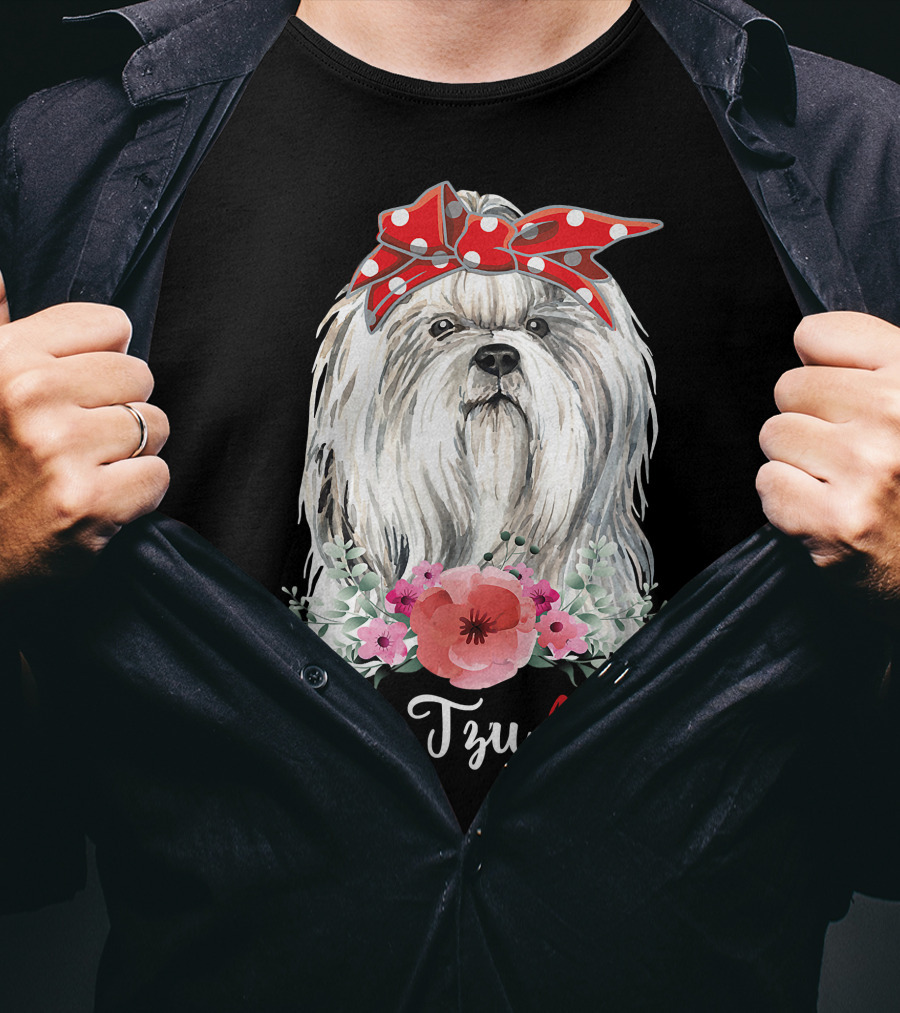 I Shih Tzu Not Funny Shih Tzu Mom Dog Lovers With Red Bow And Flowers T-Shirt
